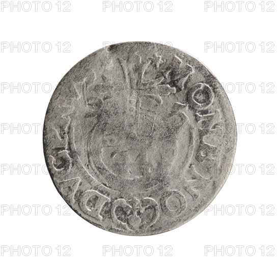 one-and-a-half, George William Hohenzollern (Elector of Brandenburg; Duke of Prussia; 1620–1640), orb of rule (iconographic), cross (iconographic), coats of arms. Obverse: Under the ducal mitre, a five-field coat of arms; below in the shield the value numeral 3. In the rim between the borders an inscription separated by the mitre and the value numeral GE WI MA - BR SRIE. Reverse: Royal orb with a cross with arms terminating in finials. In the lower part of the orb the value numerals 24. On the sides of the cross the date numerals 2-5. In the rim between the borders an inscription divided by a cross and a heart - the hallmark *MONE NO - DVC P, 1625. Königsberg, Ducal Prussia (1525–1701). Coin: diameter 19.0 mm, weight 1.10 g, axis 270°.