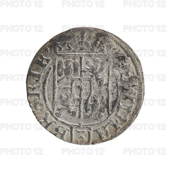 one-and-a-half, George William of Hohenzollern (Elector of Brandenburg; Duke of Prussia; 1620–1640), cross (iconographic), orb of rule (iconographic), coats of arms. Obv.: Under the ducal mitre, a five-field heraldic shield; below in the shield the value numeral 3. In the rim between the borders an inscription separated by the mitre and the value numeral GE, WI MA - BR SRIE. Rv.: Royal orb with a cross with arms terminating in finials; in the lower part of the orb the value numerals 24; on the sides of the cross the date numerals 2-5. In the rim between the borders an inscription divided by a cross and a heart - the hallmark .MONE NO - DVC PRVS., 1625. Ducal Prussia (1525–1701), Königsberg; coin. Diameter 19.1 mm; weight 0.92 g; axis 315°.