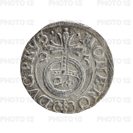 one-and-a-half, George William of Hohenzollern (Elector of Brandenburg; Duke of Prussia; 1620-1640), cross (iconographic), orb of rule (iconographic), coats of arms. Obv. Under the ducal mitre, a five-field heraldic shield; below in the shield the value numeral 3. In the rim between the borders is an inscription separated by the mitre and the value numeral GE, WI MA - BR SRIE. Rv. Royal orb with a cross with arms terminating in finials. In the lower part of the orb the value numerals 24. On the sides of the cross the date numerals 2-5. In the rim between the borders an inscription divided by a cross and a heart - the hallmark .MONE NO - DVC PRVS., 1625. Ducal Prussia (1525-1701), Königsberg; coin: diameter 19.1 mm, weight 0.92 g, axis 315 degrees.