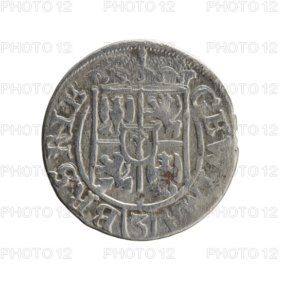 One-and-a-half coin (1625) attributed to George William Hohenzollern (Elector of Brandenburg; Duke of Prussia; 1620–1640). Obverse: under the ducal mitre a five-field coat of arms with the value numeral 3 in the shield; in the rim between borders an inscription separated by the mitre and the value numeral 'E, A - BR SRIE'. Reverse: royal orb with a cross whose arms terminate in finials; value numerals 24 in the lower part of the orb; date numerals 2-5 on the sides of the cross; rim inscription divided by a cross and a heart and the hallmark. Inscription includes '.MONE NO - DVC, ., 1625.' Ducal Prussia (1525–1701), Königsberg. Coin: diameter 19.4 mm, weight 1.15 g, axis 315°.