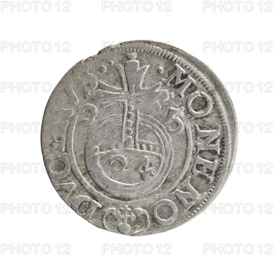 George William Hohenzollern (Elector of Brandenburg; Duke of Prussia; 1620–1640). Obverse: Under the ducal mitre, a five-field coat of arms; below in the shield the value numeral 3. In the rim between the borders an inscription separated by the mitre and the value numeral, E, A - BR SRIE. Reverse: Royal orb with a cross with arms terminating in finials. In the lower part of the orb the value numerals 24. On the sides of the cross the date numerals 2-5. In the rim between the borders an inscription divided by a cross and a heart - the hallmark .MONE NO - DVC, ., 1625. Ducal Prussia (1525–1701), Königsberg. Coin: diameter 19.4 mm, weight 1.15 g, axis 315°.