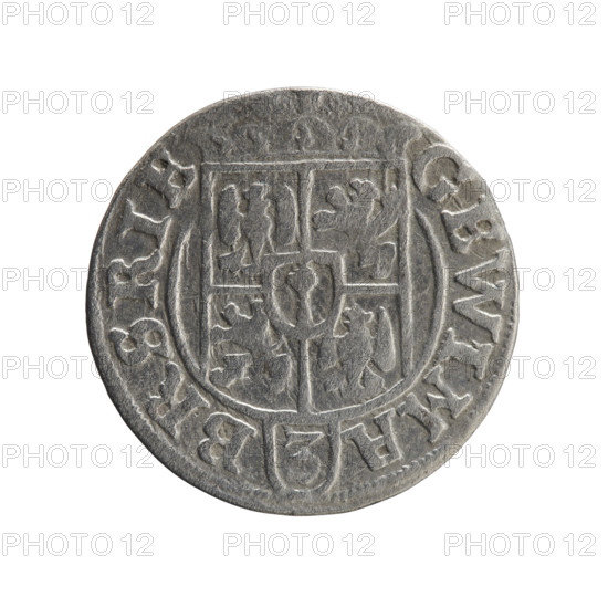 one-and-a-half, orb of rule (iconographic), George William Hohenzollern (Elector of Brandenburg; Duke of Prussia; 1620–1640), cross (iconographic), coats of arms. Obverse: Under the ducal mitre, a five-field coat of arms; below in the shield the value numeral 3. In the rim between the borders an inscription separated by the mitre and the value numeral GE WI MA - BR SRIE. Reverse: Royal orb with a cross with arms terminating in finials; in the lower part of the orb the value numerals 24; on the sides of the cross the date numerals 2-5. In the rim between the borders an inscription divided by a cross and a heart - the hallmark .MONE NO - DVC PRVS. 1625. Ducal Prussia (1525–1701), Königsberg; coin; diameter 19.4 mm; weight 1.12 g; axis 45°.