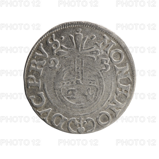 Obverse: Under the ducal mitre, a five-field coat of arms; below in the shield the value numeral 3. In the rim between the borders an inscription separated by the mitre and the value numeral: GE WI MA - BR SRIE. Reverse: Royal orb with a cross whose arms terminate in finials; in the lower part of the orb the value numerals 24; on the sides of the cross the date numerals 2-5. In the rim between the borders an inscription divided by a cross and a heart: MONE NO - DVC PRVS. Elector Duke: George William Hohenzollern (Elector of Brandenburg; Duke of Prussia; 1620–1640). Date: 1625. Place: Ducal Prussia, Königsberg. Object: coin; diameter 19.4 mm; weight 1.12 g; axis 45°. Materials/style: orb of rule and cross iconography; coats of arms; hallmark. Maker: Pfahler, Ernest (attributed).