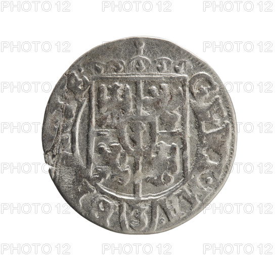 Orb of rule (iconographic); cross (iconographic); coats of arms. Obverse: Under a ducal mitre, a five-field coat of arms; below in the shield the value numeral 3. In the rim between the borders an inscription separated by the mitre and the value numeral GE.WI.MA. - . Reverse: Royal orb with a cross with arms terminating in finials; in the lower part of the orb the value numerals 24; on the sides of the cross the date numerals 2-5. In the rim between the borders an inscription divided by a cross and a heart - the hallmark .MONE.N DVC. PRV. 1625. George William Hohenzollern (Elector of Brandenburg; Duke of Prussia; 1620–1640). Ducal Prussia (1525–1701), Königsberg. Coin: diameter 19.5 mm, weight 1.03 g, axis 315°. Maker: Pfahler, Ernest. One-and-a-half (denomination).