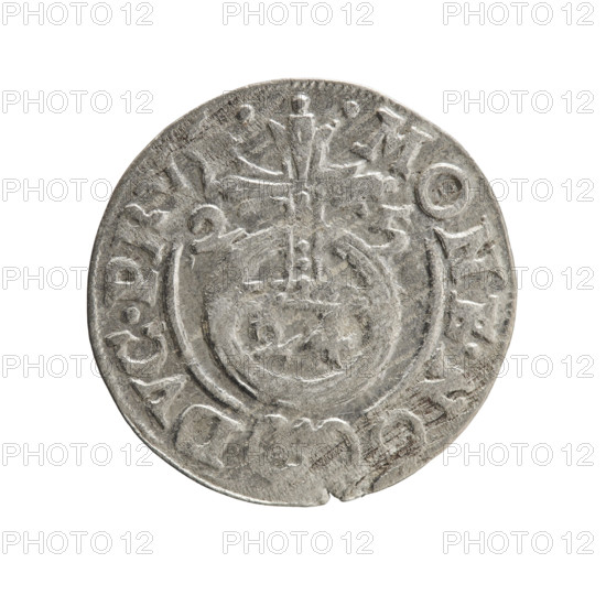 Orb of rule (iconographic); cross (iconographic); coats of arms. Obv.: Under the ducal mitre, a five-field coat of arms; below in the shield the value numeral 3. In the rim between the borders an inscription separated by the mitre and the value numeral GE.WI.MA.- Rev.: Royal orb with a cross with arms terminating in finials; in the lower part of the orb the value numerals 24; on the sides of the cross the date numerals 2-5. In the rim between the borders an inscription divided by a cross and a heart - the hallmark .MONE.N, DVC. PRV. 1625. George William Hohenzollern (Elector of Brandenburg; Duke of Prussia; 1620–1640). Ducal Prussia (1525–1701), Königsberg. Coin: diameter 19.5 mm; weight 1.03 g; axis 315°. Maker: Pfahler, Ernest. One-and-a-half (denomination).