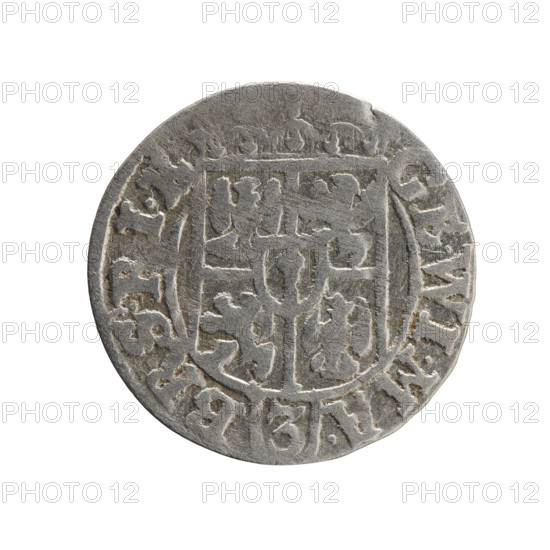 one-and-a-half, cross (iconographic), George William of Hohenzollern (Elector of Brandenburg; Duke of Prussia; 1620-1640), orb of reign (iconographic), coats of arms. Obverse: Under the ducal mitre a five-field heraldic shield, below in the shield the value numeral 3. In the rim between the borders an inscription separated by the mitre and the value numeral GE.WI.MA. - BR.S., I. Reverse: Royal orb with a cross with arms terminating in finials. In the lower part of the orb the value numerals 24. On the sides of the cross the date numerals 2-5. In the rim between the borders an inscription divided by a cross and a heart - the hallmark .MONE.NO - DVC.PRVS., 1625, Königsberg, Ducal Prussia (1525-1701), coin; diameter 19.3 mm; weight 1.18 g; axis 90 degrees.