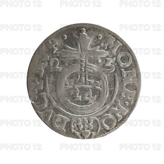 one-and-a-half, Pfahler, Ernest, cross (iconographic), George William of Hohenzollern (Elector of Brandenburg; Duke of Prussia; 1620-1640), orb of reign (iconographic), coats of arms. Obverse: Under the ducal mitre a five-field heraldic shield; below in the shield the value numeral 3. In the rim between the borders an inscription separated by the mitre and the value numeral GE.WI.MA. - BR.S., I. Reverse: Royal orb with a cross with arms terminating in finials; in the lower part of the orb the value numerals 24; on the sides of the cross the date numerals 2-5. In the rim between the borders an inscription divided by a cross and a heart - the hallmark .MONE.NO - DVC.PRVS. 1625, Königsberg, Ducal Prussia (1525-1701). Coin; diameter 19.3 mm; weight 1.18 g; axis 90 degrees.