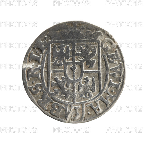 one and a half, orb of rule (iconographic), cross (iconographic), George William Hohenzollern (Elector of Brandenburg; Duke of Prussia; 1620-1640), coats of arms. Obv. Under the ducal mitre a five-field coat of arms; below in the shield a value numeral 3. On the rim between the borders an inscription divided by the mitre and the value numeral: GE.WI.MA. - BR.SRIE. Rev. Royal orb with a cross with arms terminating in finials. In the lower part of the orb the value numerals 24. On the sides of the cross the date numerals 2-5. On the rim between the borders an inscription divided by a cross and a heart - hallmark, . NO - DVC.PRVS., 1625. Ducal Prussia (1525-1701), Königsberg; coin: diameter 19.4 mm, weight 1.07 g, axis 315 degrees.