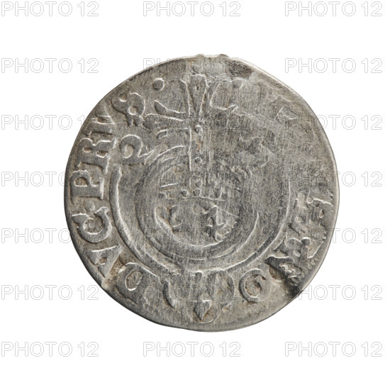 one and a half, orb of rule (iconographic), cross (iconographic), George William Hohenzollern (Elector of Brandenburg; Duke of Prussia; 1620-1640), coats of arms. Obv: Under the ducal mitre a five-field coat of arms; below in the shield a value numeral 3. On the rim between the borders an inscription divided by the mitre and the value numeral, GE.WI.MA. - BR.SRIE. Rev: Royal orb with a cross with arms terminating in finials. In the lower part of the orb the value numerals 24. On the sides of the cross the date numerals 2-5. On the rim between the borders an inscription divided by a cross and a heart - hallmark, . NO - DVC.PRVS., 1625. Ducal Prussia (1525-1701), Königsberg; coin: diameter 19.4 mm, weight 1.07 g, axis 315 degrees.