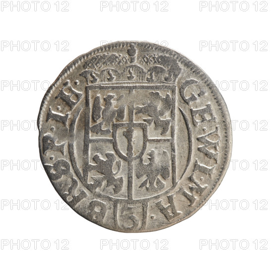One-and-a-half (3 pfennig), Ernest Pfahler. Obverse: Under the ducal mitre, a five-field heraldic shield with the value numeral 3 in the lower part of the shield; in the rim between borders an inscription separated by the mitre and the value numeral GE.WI.MA. - BR.SRIE. Reverse: Royal orb with a cross whose arms terminate in finials; value numerals 24 in the lower part of the orb and date numerals 2-5 on the sides of the cross; in the rim between borders an inscription divided by a cross and a heart - the hallmark .MONE NO - DVC PRVS., 1625. Ducal Prussia (1525–1701), Königsberg. Coin: diameter 19.7 mm, weight 1.20 g, axis 60°.