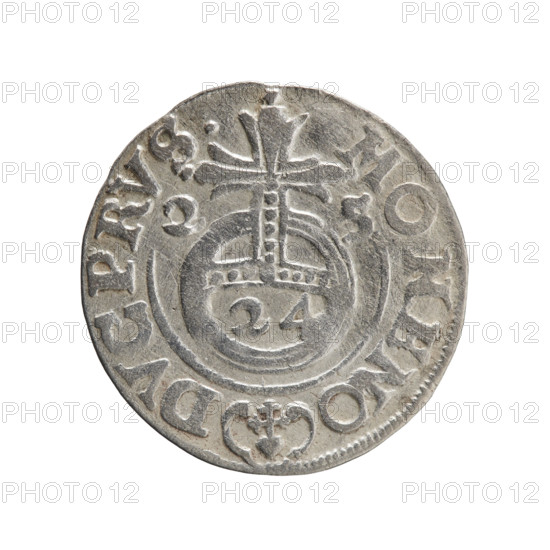 one-and-a-half, George William of Hohenzollern (Elector of Brandenburg; Duke of Prussia; 1620-1640), cross (iconographic), orb of rule (iconographic), coats of arms. Obv.: Under the ducal mitre, a five-field heraldic shield; below in the shield the value numeral 3. In the rim between the borders is an inscription separated by the mitre and the value numeral GE.WI.MA. - BR.SRIE. Reverse: Royal orb with a cross with arms terminating in finials; in the lower part of the orb the value numerals 24; on the sides of the cross the date numerals 2-5. In the rim between the borders an inscription divided by a cross and a heart - the hallmark .MONE NO - DVC PRVS., 1625. Ducal Prussia (1525-1701), Königsberg; coin; diameter 19.7 mm; weight 1.20 g; axis 60 degrees.