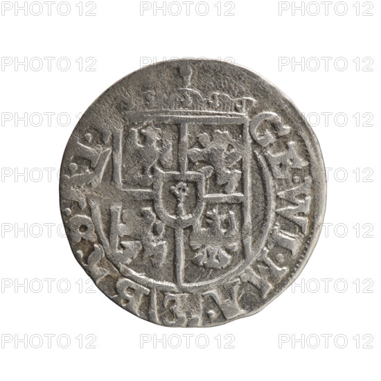 one-and-a-half, orb of rule (iconographic), George William Hohenzollern (Elector of Brandenburg; Duke of Prussia; 1620-1640), cross (iconographic), coats of arms. Obv.: Under the ducal mitre, a five-field coat of arms; below in the shield the value numeral 3. In the rim between the borders, an inscription separated by the mitre and the value numeral GE.WI.MA. - BR.SRI. Rev.: Royal orb with a cross with arms terminating in finials. In the lower part of the orb, the value numerals 24. On the sides of the cross, date numerals 2-5. In the rim between the borders an inscription divided by a cross and a heart - the hallmark .MONE.NO - DVC.PR. 1625, Königsberg, Ducal Prussia (1525-1701). Coin: diameter 19.5 mm, weight 1.08 g, axis 90 degrees.
