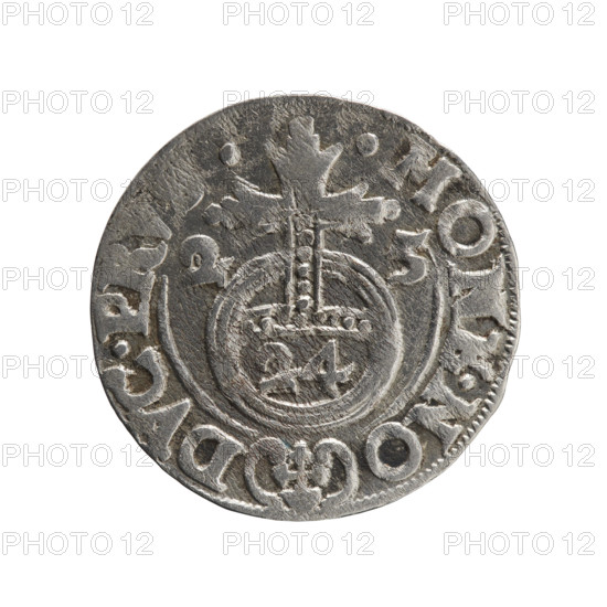 one-and-a-half, orb of rule (iconographic), George William Hohenzollern (Elector of Brandenburg; Duke of Prussia; 1620–1640), cross (iconographic), coats of arms. Obv: Under the ducal mitre, a five-field coat of arms; below in the shield the value numeral 3. In the rim between the borders, an inscription separated by the mitre and the value numeral GE.WI.MA. - BR.SRI. Rev: Royal orb with a cross with arms terminating in finials; in the lower part of the orb, the value numerals 24; on the sides of the cross, date numerals 2-5. In the rim between the borders an inscription divided by a cross and a heart - the hallmark .MONE.NO - DVC.PR. 1625, Königsberg, Ducal Prussia (1525–1701). Coin: diameter 19.5 mm, weight 1.08 g, axis 90°.