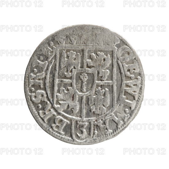 One-and-a-half coin (1625) attributed to George William of Brandenburg (Elector of Brandenburg; Duke of Prussia, 1620–1640). Obverse: under the ducal mitre, a five-field coat of arms with the value numeral 3 in the lower part of the shield; rim inscription separated by the mitre and the value numeral GE.WI.MA. - BR.SRI. Reverse: royal orb with a cross whose arms terminate in finials; lower part of the orb bears the value numerals 24 and the dates numerals 2-5 beside the cross; rim inscription divided by a cross and a heart with hallmark .MO, O - DVC.PRVS., 1625. Iconography: orb of rule, cross, coats of arms. Place: Ducal Prussia (1525–1701), Königsberg. Coin specifications: diameter 19.6 mm, weight 1.17 g, axis 225°. Maker: Pfahler, Ernest; Department of Coins of Lands Associated with Poland.