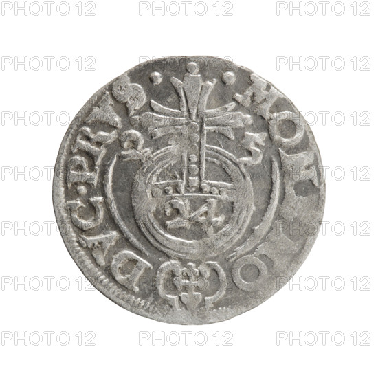 one-and-a-half, George William Hohenzollern (Elector of Brandenburg; Duke of Prussia; 1620-1640), orb of rule (iconographic), cross (iconographic), coats of arms. Obv. Under the ducal mitre, a five-field coat of arms, below in the shield the value numeral 3. In the rim between the borders, an inscription separated by the mitre and the value numeral GE.WI.MA. - BR.SRI. Rev. Royal orb with a cross with arms terminating in finials. In the lower part of the orb the value numerals 24. On the sides of the cross the date numerals 2-5. In the rim between the borders an inscription divided by a cross and a heart - hallmark .MO, O - DVC.PRVS., 1625. Ducal Prussia (1525-1701), Königsberg. Coin: diameter 19.6 mm, weight 1.17 g, axis 225 degrees.