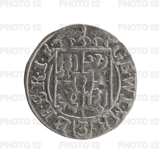 One-and-a-half (3), Ernest Pfahler. Obverse: under the ducal mitre, a five-field coat of arms; below in the shield the value numeral 3. In the rim between the borders an inscription separated by the mitre and the value numeral: GE.WI.MA. - BR.SRIE. Reverse: royal orb with a cross with arms terminating in finials; in the lower part of the orb the value numerals 24; on the sides of the cross the date numerals 2-5. In the rim between the borders an inscription divided by a cross and a heart: .MONE.NO - DVC.PRVS. Date: 1625. Issued for Ducal Prussia (1525–1701), Königsberg. Coin; diameter 19.5 mm; weight 1.21 g; axis 45°.