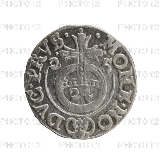 One-and-a-half (value). Maker: Pfahler, Ernest. Department of Coins of Lands Associated with Poland. George William Hohenzollern (Elector of Brandenburg; Duke of Prussia; 1620–1640). Iconography: orb of rule, cross, coats of arms. Obverse: Under the ducal mitre, a five-field coat of arms; below in the shield the value numeral 3. In the rim between the borders an inscription separated by the mitre and the value numeral: GE.WI.MA. - BR.SRIE. Reverse: Royal orb with a cross whose arms terminate in finials; in the lower part of the orb the value numerals 24; on the sides of the cross the date numerals 2-5. In the rim between the borders an inscription divided by a cross and a heart: .MONE.NO - DVC.PRVS., 1625. Place/date: Ducal Prussia (1525–1701), Königsberg. Object: coin. Dimensions: diameter 19.5 mm, weight 1.21 g, axis 45°.