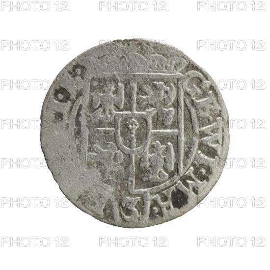 one-and-a-half, Pfahler, Ernest, George William Hohenzollern (Elector of Brandenburg; Prince of Prussia; 1620–1640), orb of reign (iconographic), cross (iconographic), coats of arms. Obv.: Under the ducal mitre, a five-field coat of arms; below in the shield the value numeral 3. In the rim between the borders an inscription separated by the mitre and the value numeral GE.WI.MA. -. Rev.: Royal orb with a cross with arms terminating in fleurs; in the lower part of the orb the value numerals 24; on the sides of the cross the date numerals 2-5. In the rim between the borders an inscription divided by a cross and a heart - the hallmark .MONE.NO. 1625. Ducal Prussia (1525–1701), Königsberg; coin: diameter 19.3 mm, weight 0.94 g, axis 180°.