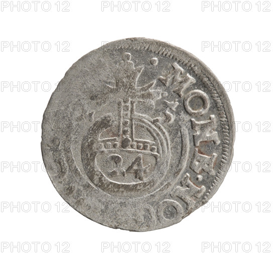 one-and-a-half, Pfahler, Ernest, George William Hohenzollern (Elector of Brandenburg; Prince of Prussia; 1620-1640), orb of reign (iconographic), cross (iconographic), coats of arms. Obv. Under the ducal mitre, a five-field coat of arms, below in the shield the value numeral 3. In the rim between the borders an inscription separated by the mitre and the value numeral GE.WI.MA. -, Rev. Royal orb with a cross with arms terminating in florences. In the lower part of the orb the value numerals 24. On the sides of the cross the date numerals 2-5. In the rim between the borders an inscription divided by a cross and a heart - the hallmark .MONE.NO, 1625, Ducal Prussia (1525-1701), Königsberg; coin: diameter 19.3 mm, weight 0.94 g, axis 180 degrees.