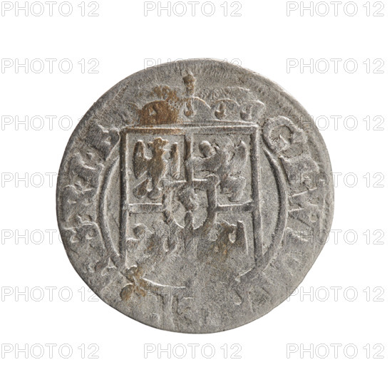 Orb of rule (iconographic); cross (iconographic); coats of arms. Obverse: Under the ducal mitre a five-field coat of arms; below in the shield the value numeral 3. In the rim between the borders an inscription separated by the mitre and the value numeral: G. WI. - . SRIE. Reverse: Royal orb with a cross with arms terminating in finials; in the lower part of the orb the value numerals 24; on the sides of the cross the date numerals 2-5. In the rim between the borders an inscription divided by a cross and a heart and a hallmark: NE.NO - DVC.PRV. 1625. Duchy of Prussia (1525–1701), Königsberg. Coin; diameter 19.5 mm; weight 1.04 g; axis 190°. Maker: George William Hohenzollern (Elector of Brandenburg; Duke of Prussia; 1620–1640).