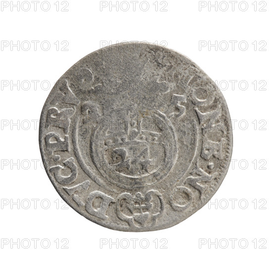 one-and-a-half; orb of rule (iconographic); George William Hohenzollern (Elector of Brandenburg; Duke of Prussia; 1620–1640); cross (iconographic); coats of arms. Obv.: Under the ducal mitre a five-field coat of arms; below in the shield the value numeral 3. In the rim between the borders an inscription separated by the mitre and the value numeral G, .WI., - ., SRIE. Rev.: Royal orb with a cross with arms terminating in finials. In the lower part of the orb the value numerals 24. On the sides of the cross the date numerals 2-5. In the rim between the borders an inscription divided by a cross and a heart - hallmark, NE.NO - DVC.PRV, 1625. Ducal Prussia (1525–1701), Königsberg. Coin; diameter 19.5 mm; weight 1.04 g; axis 190°.