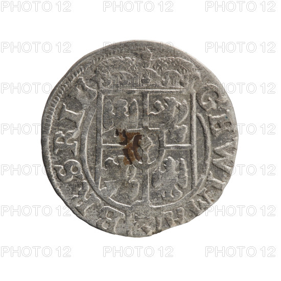 One-and-a-half, cross (iconographic), orb of rule (iconographic), George William Hohenzollern (Elector of Brandenburg; Duke of Prussia; 1620–1640), coats of arms. Obverse: Under the ducal mitre a five-field coat of arms; below in the shield the value numeral 3. In the rim between the borders an inscription separated by the mitre and the value numeral GE.W, - BR SRIE. Reverse: Royal orb with a cross with arms terminating in finials; in the lower part of the orb the value numerals 24; on the sides of the cross the date numerals 2-5. In the rim between the borders an inscription divided by a cross and a heart - the hallmark .MONE.NO - DVC.PRVS., 1625. Ducal Prussia (1525–1701), Königsberg. Coin: diameter 19.2 mm, weight 1.04 g, axis 45°.