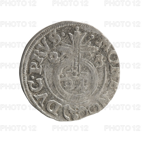 one-and-a-half, cross (iconographic), orb of rule (iconographic), George William Hohenzollern (Elector of Brandenburg; Duke of Prussia; 1620-1640), coats of arms. Obv.: Under the ducal mitre a five-field coat of arms; below in the shield the value numeral 3. In the rim between the borders an inscription separated by the mitre and the value numeral GE.W, - BR SRIE. Reverse: Royal orb with a cross with arms terminating in finials. In the lower part of the orb the value numerals 24. On the sides of the cross the date numerals 2-5. In the rim between the borders an inscription divided by a cross and a heart - the hallmark .MONE.NO - DVC.PRVS., 1625. Ducal Prussia (1525-1701), Königsberg; coin: diameter 19.2 mm, weight 1.04 g, axis 45 degrees.