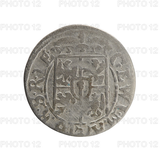 one-and-a-half, cross (iconographic), George William of Hohenzollern (Elector of Brandenburg; Duke of Prussia; 1620-1640), orb of reign (iconographic), coats of arms. Obv.: under the ducal mitre, a five-field heraldic shield; below in the shield the value numeral 3. In the rim between the borders an inscription separated by the mitre and the value numeral GE.WI.MA - BR.SR, E. Rw. Royal orb with a cross with arms terminating in finials. In the lower part of the orb, value numerals 2. On the sides of the cross, date numerals 2-5. In the rim between the borders an inscription divided by a cross and a heart - hallmark, MO, .NO - DVC.PRVS., 1625. Ducal Prussia (1525-1701), Königsberg; coin: diameter 19.0 mm, weight 0.90 g, axis 60 degrees.