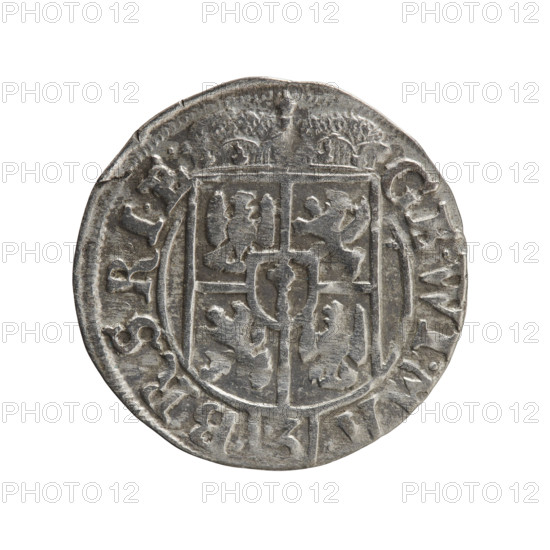 one-and-a-half, Ernest Pfahler (1870–1927), Department of Coins of Lands Associated with Poland, George William of Hohenzollern (Elector of Brandenburg; Duke of Prussia; 1620–1640), cross (iconographic), orb of rule (iconographic), coat of arms. Obverse: Under the ducal mitre a five-field heraldic shield; below in the shield the value numeral 3. In the rim between the borders an inscription separated by the mitre and the value numeral GE.WI.MA. - BR.SRIE. Reverse: Royal orb with a cross with arms terminating in finials; in the lower part of the orb the value numerals 24; on the sides of the cross the date numerals 2-5. In the rim between the borders an inscription divided by a cross and a heart - the hallmark .MONE.NO - DVC.PRVS. Date: 1625. Place: Ducal Prussia (1525–1701), Königsberg. Object: coin; diameter 19.7 mm; weight 0.86 g; axis 0 degrees.