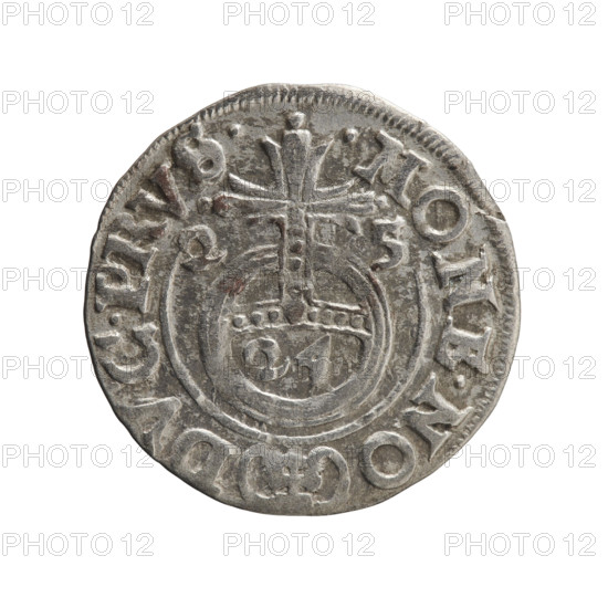 one-and-a-half, Pfahler, Ernest; George William of Hohenzollern (Elector of Brandenburg; Duke of Prussia; 1620–1640); cross (iconographic); orb of rule (iconographic); coat of arms. Obverse: Under the ducal mitre a five-field heraldic shield, below in the shield the value numeral 3. In the rim between the borders an inscription separated by the mitre and the value numeral GE.WI.MA. - BR.SRIE. Reverse: Royal orb with a cross with arms terminating in finials. In the lower part of the orb the value numerals 24. On the sides of the cross the date numerals 2-5. In the rim between the borders an inscription divided by a cross and a heart - the hallmark .MONE.NO - DVC.PRVS., 1625. Ducal Prussia (1525–1701), Königsberg. Coin: diameter 19.7 mm, weight 0.86 g, axis 0 degrees.