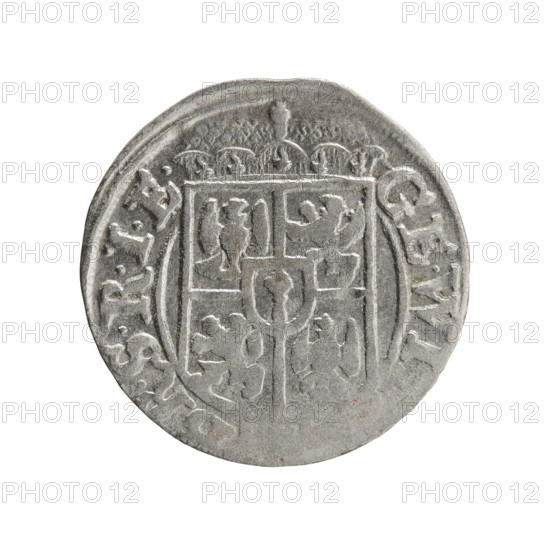 one-and-a-half, Pfahler, Ernest, George William Hohenzollern (Elector of Brandenburg; Prince of Prussia; 1620-1640), orb of rule (iconographic), cross (iconographic), coats of arms, Obv. Under the ducal mitre a five-field coat of arms, below in the shield the value numeral 3. In the rim between the borders an inscription separated by the mitre and the value numeral GE.WI., RSRIE Rev. Royal orb with a cross with arms terminating in finials. In the lower part of the orb the value numerals 24. On the sides of the cross the dates numerals 2-5. In the rim between the borders an inscription divided by a cross .MONE.NO, C.PRVS., 1625, Ducal Prussia (1525-1701), Königsberg, coin, coin: diameter 19.4 mm, weight 1.03 g, axis 0 degrees.