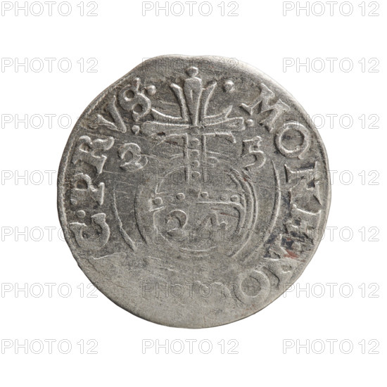 one-and-a-half, Pfahler, Ernest, George William Hohenzollern (Elector of Brandenburg; Prince of Prussia; 1620–1640), orb of rule (iconographic), cross (iconographic), coats of arms. Obv.: Under the ducal mitre a five-field coat of arms; below in the shield the value numeral 3. In the rim between the borders an inscription separated by the mitre and the value numeral GE.WI., RSRIE. Rev.: Royal orb with a cross with arms terminating in finials; in the lower part of the orb the value numerals 24; on the sides of the cross the date numerals 2–5. In the rim between the borders an inscription divided by a cross .MONE.NO, C.PRVS., 1625. Ducal Prussia (1525–1701), Königsberg; coin. Diameter 19.4 mm, weight 1.03 g, axis 0°.