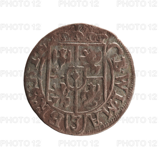 one-and-a-half; George William of Hohenzollern (Elector of Brandenburg; Duke of Prussia; 1620–1640); obverse: under the ducal mitre a five-field heraldic shield, below in the shield the value numeral 3; in the rim between borders an inscription separated by the mitre and the value numeral GE.WI.MA - BR.SRI; reverse: royal orb with a cross with arms terminating in finials; in the lower part of the orb the value numerals 24; on the sides of the cross the date numerals 2-5; in the rim between borders an inscription divided by a cross and a heart - the hallmark .MONE.NO - DVC.PRVS.; 1625, Königsberg, Ducal Prussia (1525–1701); coin; diameter 19.1 mm; weight 1.05 g; axis 315°; iconography: cross, orb of rule, coats of arms.