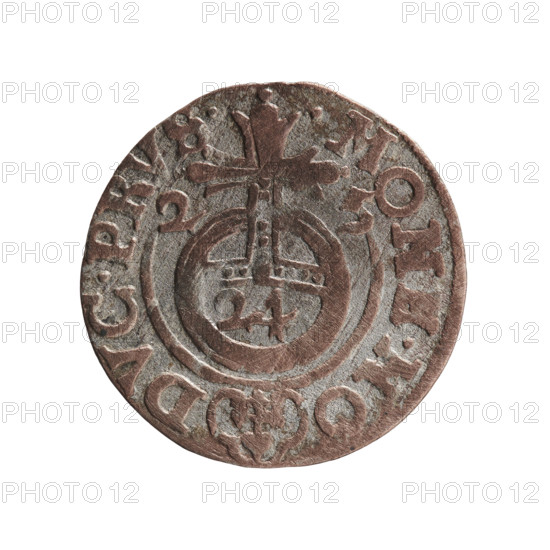 one-and-a-half, George William of Hohenzollern (Elector of Brandenburg; Duke of Prussia; 1620–1640), cross (iconographic), orb of rule (iconographic), coats of arms. Obverse: under the ducal mitre a five-field heraldic shield; below in the shield the value numeral 3. In the rim between the borders an inscription separated by the mitre and the value numeral GE·WI·MA - BR·SRI. Reverse: royal orb with a cross with arms terminating in finials; in the lower part of the orb the value numerals 24; on the sides of the cross the date numerals 2–5. In the rim between the borders an inscription divided by a cross and a heart - the hallmark .MONE.NO - DVC.PRVS. 1625, Königsberg, Ducal Prussia (1525–1701). Coin; diameter 19.1 mm; weight 1.05 g; axis 315°.