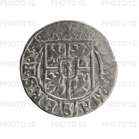 One-and-a-half; Pfahler, Ernest. Obverse: under the ducal mitre a five-field coat of arms, below in the shield a value numeral 3. In the rim between the borders an inscription separated by the mitre and the value numeral, .MA. - BR.SRIE. Reverse: royal orb with a cross whose arms terminate in finials; in the lower part of the orb the value numerals 24; on the sides of the cross the date numerals 2-5. In the rim between the borders an inscription divided by a cross and a heart - the hallmark .MONE.NO - , .PRVS., 1625. George William Hohenzollern (Elector of Brandenburg; Duke of Prussia; 1620–1640). Iconography: orb of rule, cross, coats of arms. Ducal Prussia (1525–1701), Königsberg. Coin; diameter 19.3 mm, weight 1.01 g, axis 60°.