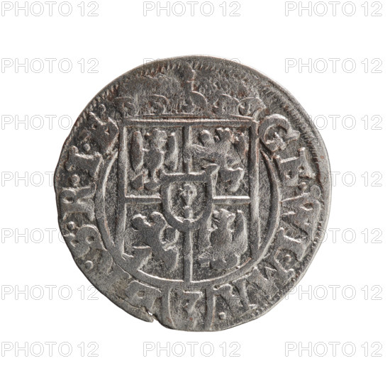 One-and-a-half (coin). Maker: Pfahler, Ernest. Department of Coins of Lands Associated with Poland. George William of Hohenzollern (Elector of Brandenburg; Duke of Prussia; 1620–1640). Iconography: cross; orb of rule; coats of arms. Obverse: Under the ducal mitre, a five-field heraldic shield; below in the shield the value numeral 3. In the rim between the borders an inscription separated by the mitre and the value numeral GE.WI.MA. -, .SRIE. Reverse: Royal orb with a cross whose arms terminate in finials; in the lower part of the orb the value numerals 24; on the sides of the cross the date numerals 2–5. In the rim between the borders an inscription divided by a cross and a heart – the hallmark NE.NO – DVC.PRVS., 1625. Place and period: Ducal Prussia (1525–1701), Königsberg. Coin specifications: diameter 19.5 mm, weight 1.09 g, axis 90°.