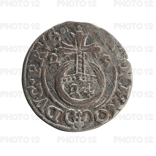 one-and-a-half; George William of Hohenzollern (Elector of Brandenburg; Duke of Prussia; 1620-1640); obverse: under the ducal mitre a five-field heraldic shield, below in the shield the value numeral 3; in the rim between the borders an inscription separated by the mitre and the value numeral GE.WI.MA. - .SRIE; reverse: royal orb with a cross with arms terminating in finials, in the lower part of the orb the value numerals 24, on the sides of the cross the date numerals 2-5; in the rim between the borders an inscription divided by a cross and a heart - the hallmark NE.NO - DVC.PRVS., 1625; Ducal Prussia (1525–1701), Königsberg; coin; diameter 19.5 mm; weight 1.09 g; axis 90 degrees.