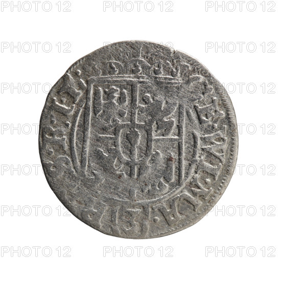 One-and-a-half coin; maker: Ernest Pfahler. Obverse: under the ducal mitre, a five-field coat of arms; below in the shield the value numeral '3'. In the rim between the borders an inscription separated by the mitre and the value numeral: 'E.WI.MA. - SRIE'. Reverse: royal orb with a cross whose arms terminate in finials; in the lower part of the orb the value numerals '24'; on the sides of the cross the date numerals '2-5'. In the rim between the borders an inscription divided by a cross and a heart: '.MONE.NO - DVC.PRVS.' Date: 1625. Place: Ducal Prussia (Königsberg). Coin, diameter 19.5 mm, weight 1.00 g, axis 315°. Subjects/iconography: orb of rule, cross, coats of arms.