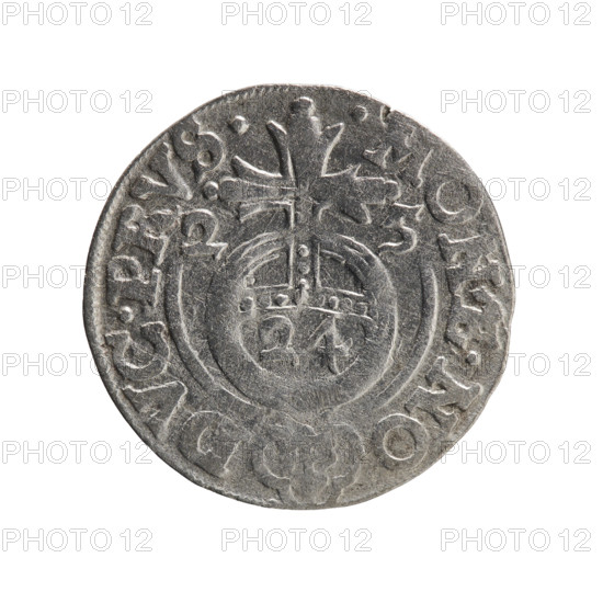 One-and-a-half (3/24) coin, Ernest Pfahler? (maker unknown), Department of Coins of Lands Associated with Poland — George William Hohenzollern (Elector of Brandenburg; Duke of Prussia; 1620–1640). Obverse: under the ducal mitre, a five-field coat of arms; below in the shield the value numeral 3; rim inscription between borders separated by the mitre and value numeral: E.WI.MA. - SRIE. Reverse: royal orb with cross whose arms terminate in finials; lower part of orb the value numerals 24; dates on sides of cross: 2 - 5; rim inscription divided by a cross and a heart: .MONE.NO - DVC.PRVS.; dated 1625. Ducal Prussia (1525–1701), Königsberg. Coin: diameter 19.5 mm; weight 1.00 g; axis 315°.