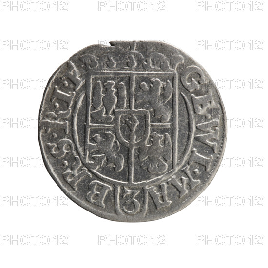 one-and-a-half, Pfahler, Ernest, George William Hohenzollern (Elector of Brandenburg; Prince of Prussia; 1620-1640), cross (iconographic), orb of rule (iconographic), coats of arms. Obv.: Under the ducal mitre, a five-field coat of arms; below in the shield the value numeral 3. In the rim between the borders an inscription separated by the mitre and the value numeral GE.WI.MA. - BR.SRIE. Reverse: Royal orb with a cross with arms terminating in finials; in the lower part of the orb the value numerals 24; on the sides of the cross the date numerals 2-5. In the rim between the borders an inscription divided by a cross and a heart - the hallmark .MONE.NO - DVC.PR, 1625. Ducal Prussia (1525-1701), Königsberg; coin: diameter 19.5 mm, weight 1.05 g, axis 45 degrees.