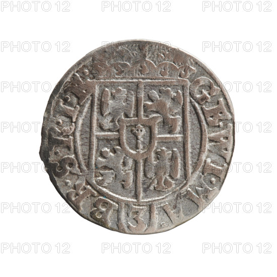 One-and-a-half, Ernest Pfahler. Silver coin (1625), Ducal Prussia (1525–1701), Königsberg. Obverse: under the ducal mitre, a five-field coat of arms with the value numeral 3 in the lower part of the shield; rim inscription separated by the mitre and the value numeral: GE.WI.MA. - BR.SRIE. Reverse: royal orb with a cross whose arms terminate in finials; lower part of the orb shows the value numerals 24, with date numerals 2-5 on the sides of the cross; rim inscription divided by a cross and a heart: MONE.NO - DVC.PRVS. Hallmark present. Diameter 19.5 mm, weight 1.20 g, axis 120°.