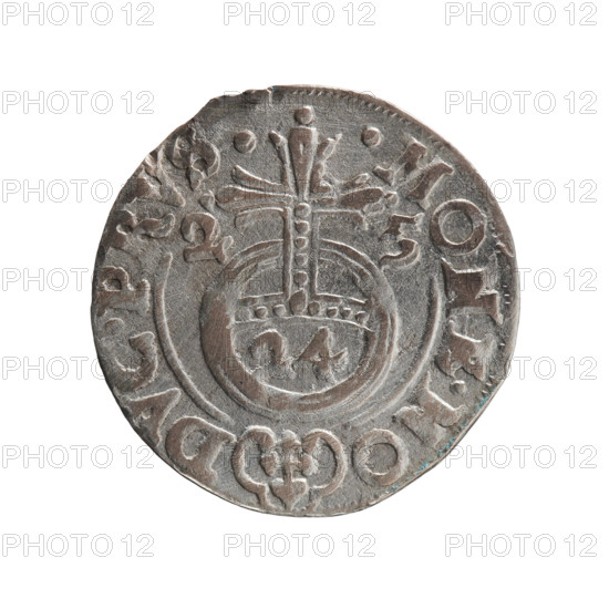 one-and-a-half, George William Hohenzollern (Elector of Brandenburg; Duke of Prussia; 1620–1640), orb of rule (iconographic), cross (iconographic), coats of arms. Obv.: Under the ducal mitre, a five-field coat of arms; below in the shield the value numeral 3. In the rim between the borders an inscription separated by the mitre and the value numeral GE.WI.MA. - BR.SRIE. Rev.: Royal orb with a cross with arms terminating in finials; in the lower part of the orb the value numerals 24; on the sides of the cross the date numerals 2-5. In the rim between the borders an inscription divided by a cross and a heart - the hallmark .MONE.NO - DVC.PRVS., 1625. Ducal Prussia (1525–1701), Königsberg. Coin: diameter 19.5 mm, weight 1.20 g, axis 120°.