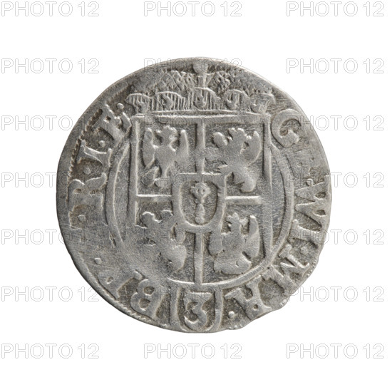 one-and-a-half, cross (iconographic), orb of rule (iconographic), George William of Hohenzollern (Elector of Brandenburg; Duke of Prussia; 1620-1640), coats of arms. Obverse: Under the ducal mitre a five-field coat of arms; below in the shield the value numeral 3. In the rim between the borders an inscription separated by the mitre and the value numeral GE.WI.MA. - B ... RIE. Reverse: Royal orb with a cross with arms terminating in finials. In the lower part of the orb the value numerals 24. On the sides of the cross the date numerals 2-5. In the rim between the borders an inscription divided by a cross and a heart - hallmark .MONE.NO - DVC.PRVS, 1625. Ducal Prussia (1525-1701), Königsberg; coin: diameter 19.4 mm, weight 1.11 g, axis 135 degrees.