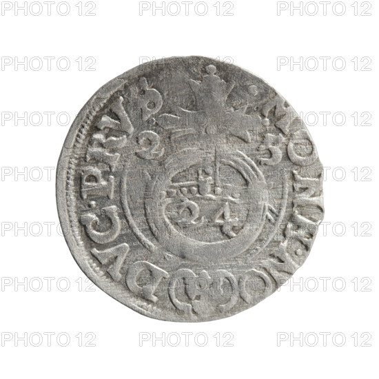 one-and-a-half, cross (iconographic), orb of rule (iconographic), George William of Hohenzollern (Elector of Brandenburg; Duke of Prussia; 1620-1640), coats of arms. Obv.: Under the ducal mitre a five-field coat of arms; below in the shield the value numeral 3. In the rim between the borders an inscription separated by the mitre and the value numeral GE.WI.MA. - B. Reverse: Royal orb with a cross with arms terminating in finials. In the lower part of the orb the value numerals 24. On the sides of the cross the date numerals 2-5. In the rim between the borders an inscription divided by a cross and a heart - hallmark .MONE.NO - DVC.PRVS, 1625. Ducal Prussia (1525-1701), Königsberg; coin, diameter 19.4 mm, weight 1.11 g, axis 135 degrees.