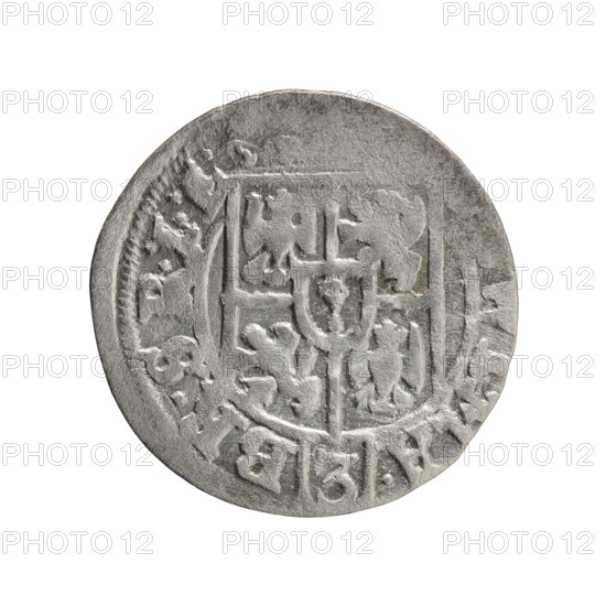 one-and-a-half, cross (iconographic), orb of rule (iconographic), George William Hohenzollern (Elector of Brandenburg; Duke of Prussia; 1620–1640), coats of arms. Obverse: Under the ducal mitre a five-field coat of arms; below in the shield the value numeral 3. In the rim between the borders an inscription separated by the mitre and the value numeral, WI.MA. - BR.SRIE. Reverse: Royal orb with a cross with arms terminating in finials. In the lower part of the orb the value numerals 24. On the sides of the cross the date numerals 2-5. In the rim between the borders an inscription divided by a cross and a heart - the hallmark .MONE.NO - , .PRVS., 1625. Ducal Prussia (1525–1701), Königsberg; coin; diameter 19.4 mm; weight 0.97 g; axis 120 degrees.
