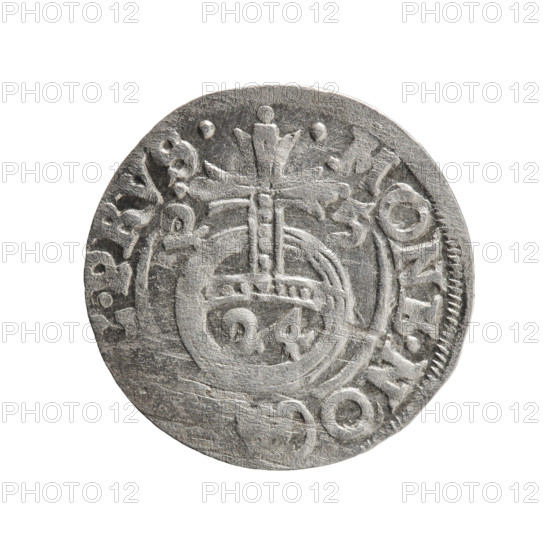 One-and-a-half (3 pfennige?). Pfahler, Ernest. Cross (iconographic), orb of rule (iconographic). George William Hohenzollern (Elector of Brandenburg; Duke of Prussia; 1620–1640). Coats of arms. Obverse: Under the ducal mitre a five-field coat of arms; below in the shield the value numeral 3. In the rim between the borders an inscription separated by the mitre and the value numeral: WI.MA. - BR.SRIE. Reverse: Royal orb with a cross with arms terminating in finials; in the lower part of the orb the value numerals 24; on the sides of the cross the date numerals 2-5. In the rim between the borders an inscription divided by a cross and a heart - the hallmark .MONE.NO - .PRVS., 1625. Ducal Prussia (1525–1701), Königsberg. Coin: diameter 19.4 mm, weight 0.97 g, axis 120°.