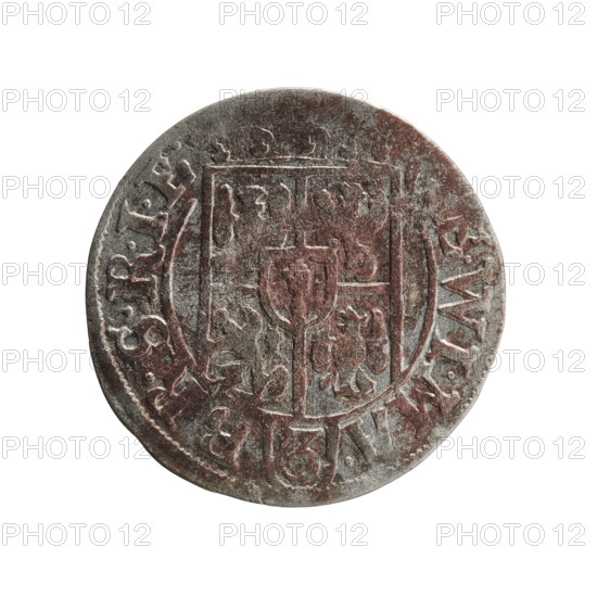 one-and-a-half, cross (iconographic), George William of Hohenzollern (Elector of Brandenburg; Duke of Prussia; 1620-1640), orb of reign (iconographic), coats of arms. Obv.: Under the ducal mitre, a five-field heraldic shield; below in the shield the value numeral 3. In the rim between the borders is an inscription separated by the mitre and the value numeral, E.WI.MA. - BR.SRIE. Reverse: Royal orb with a cross with arms terminating in finials. In the lower part of the orb the value numerals 24. On the sides of the cross the date numerals 2-5. In the rim between the borders an inscription divided by a cross and a heart - the hallmark .MONE.NO - DVC.PRVS., 1625, Königsberg, Ducal Prussia (1525-1701), coin; diameter 19.3 mm; weight 1.11 g; axis 135 degrees.