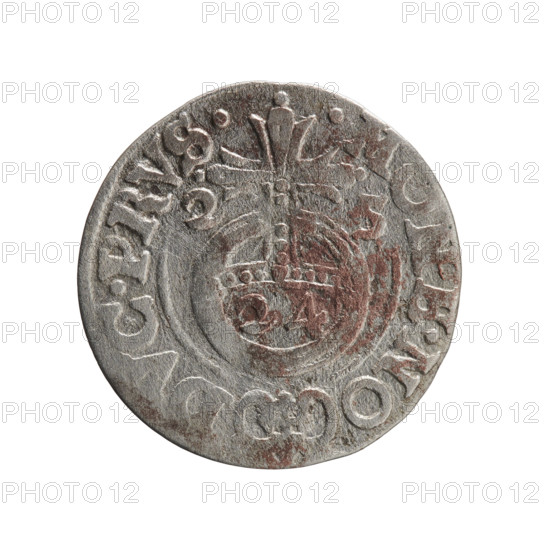 one-and-a-half, cross (iconographic), George William of Hohenzollern (Elector of Brandenburg; Duke of Prussia; 1620–1640), orb of reign (iconographic), coats of arms. Obverse: Under the ducal mitre, a five-field heraldic shield; below in the shield the value numeral 3. In the rim between the borders an inscription separated by the mitre and the value numeral, E.WI.MA. - BR.SRIE. Reverse: Royal orb with a cross with arms terminating in finials; in the lower part of the orb the value numerals 24; on the sides of the cross the date numerals 2-5. In the rim between the borders an inscription divided by a cross and a heart - the hallmark .MONE.NO - DVC.PRVS., 1625, Königsberg, Ducal Prussia (1525–1701). Coin; diameter 19.3 mm; weight 1.11 g; axis 135 degrees.