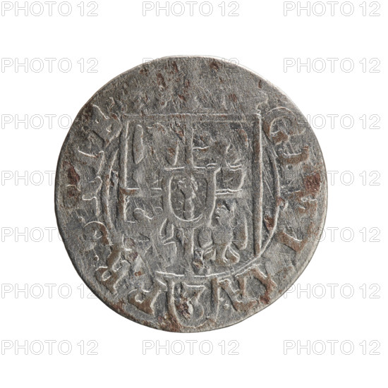 One-and-a-half, Pfahler, Ernest, Department of Coins of Lands Associated with Poland, George William Hohenzollern (Elector of Brandenburg; Duke of Prussia; 1620–1640), cross (iconographic), orb of rule (iconographic), coats of arms. Obv.: Under the ducal mitre a five-field heraldic shield; below in the shield the value numeral 3. In the rim between the borders an inscription separated by the mitre and the value numeral G, I, A. - BR.S., IE Rv.: Royal orb with a cross whose arms terminate in finials; in the lower part of the orb the value numerals 24; on the sides of the cross the date numerals 2–5. In the rim between the borders an inscription divided by a cross and a heart - the hallmark .MONE.NO - DVC.PRVS., 1625. Ducal Prussia (1525–1701), Königsberg; coin. Diameter 19.5 mm, weight 1.33 g, axis 150°.