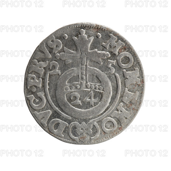 One-and-a-half, Pfahler, Ernest. George William Hohenzollern (Elector of Brandenburg; Duke of Prussia; 1620–1640). Obverse: under the ducal mitre a five-field heraldic shield, below in the shield the value numeral 3; in the rim between the borders an inscription separated by the mitre and the value numeral G, I, A. — BR.S., IE Rv. Reverse: royal orb with a cross with arms terminating in finials; in the lower part of the orb the value numerals 24; on the sides of the cross the date numerals 2-5; in the rim between the borders an inscription divided by a cross and a heart — the hallmark .MONE.NO — DVC.PRVS., 1625. Ducal Prussia (1525–1701), Königsberg. Coin: diameter 19.5 mm, weight 1.33 g, axis 150°.